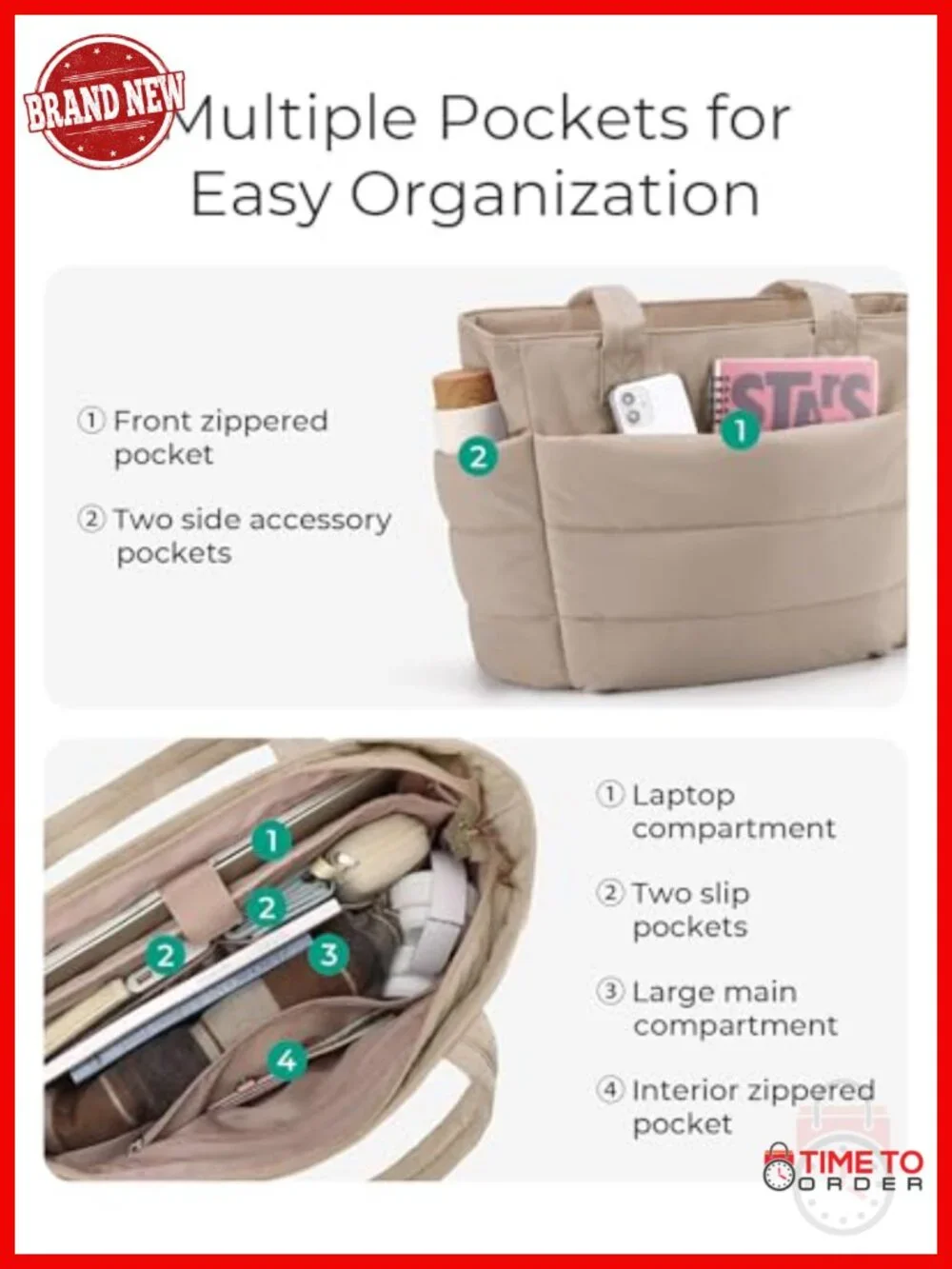 Lightweight Puffy Tote Bag with Compartments for Travel Work Gym